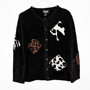 Vintage Designers Originals Studio Cardigan Sweater Chenille Animal Patch Brown